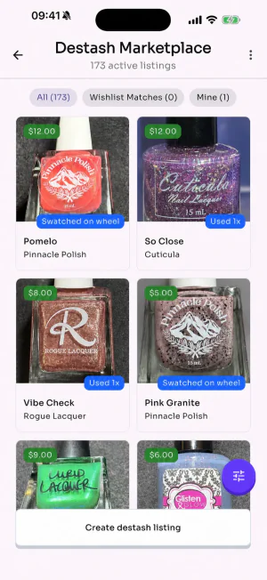 LacquerStash Destash Marketplace with user-authorized bottle photos